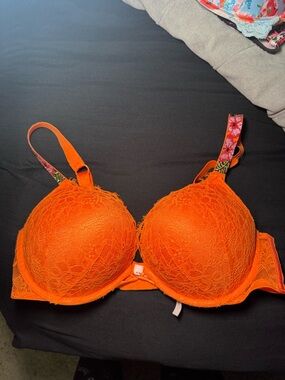 Victoria's Secret Bright Orange Lace Push-Up Bra with Patterned Straps